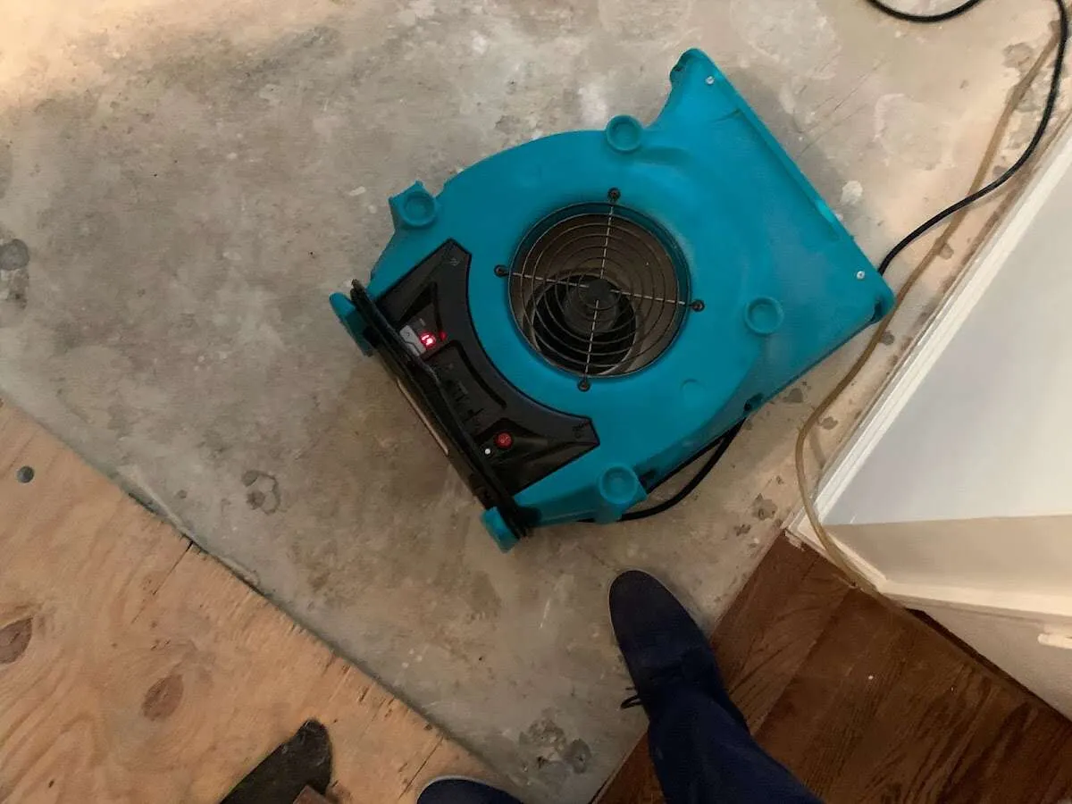 Air mover drying subfloor during Leak Detection & Repair in North Branford